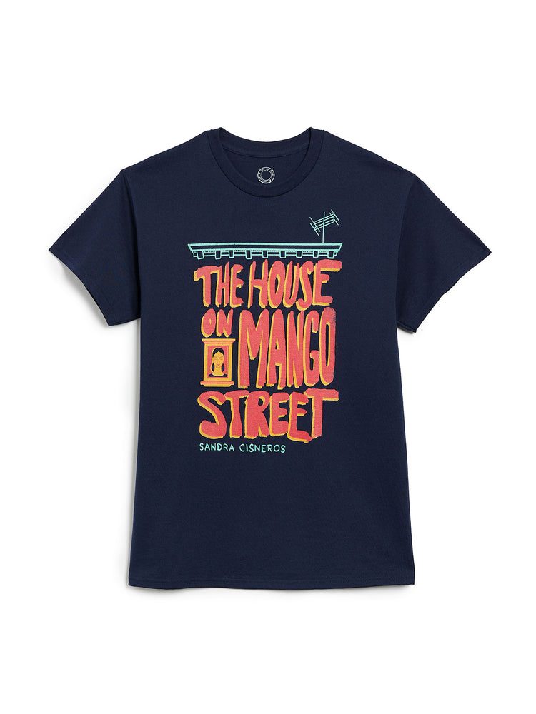 Navy blue t-shirt with 'The House on Mango Street' text in red and orange on a white background