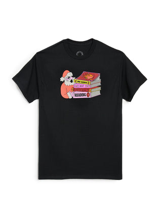 Black t-shirt with a graphic of Santa reading books on a white background