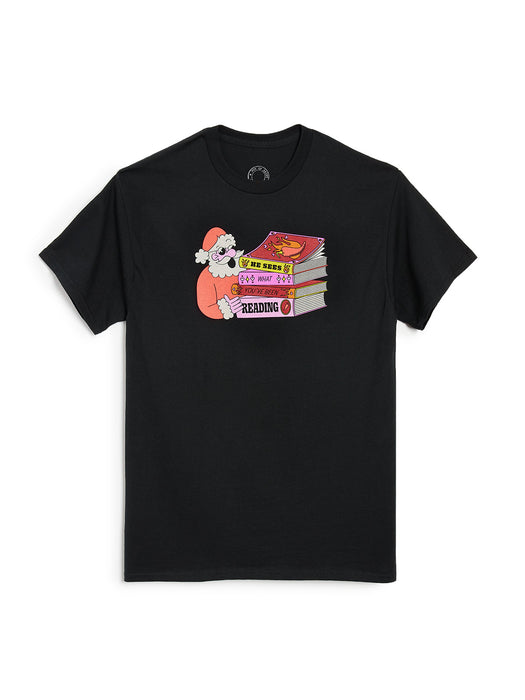 Black t-shirt with a graphic of Santa reading books on a white background