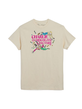 Beige t-shirt with 'Charlie and the Chocolate Factory' graphic design on a white background