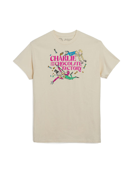 Beige t-shirt with 'Charlie and the Chocolate Factory' graphic design on a white background