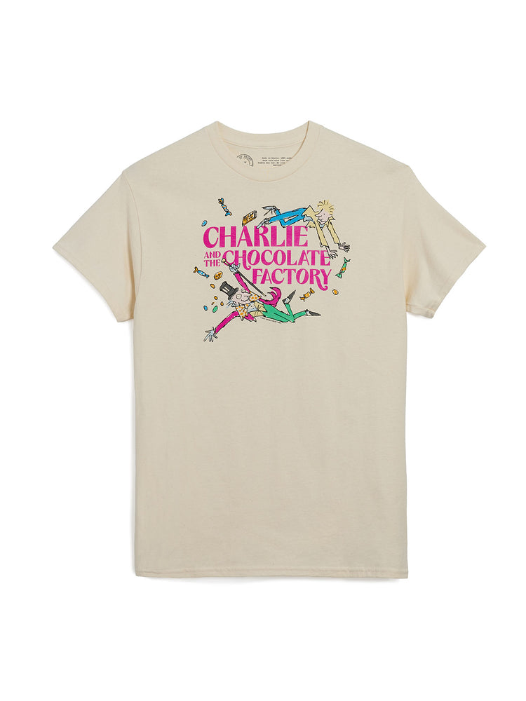 Beige t-shirt with 'Charlie and the Chocolate Factory' graphic design on a white background