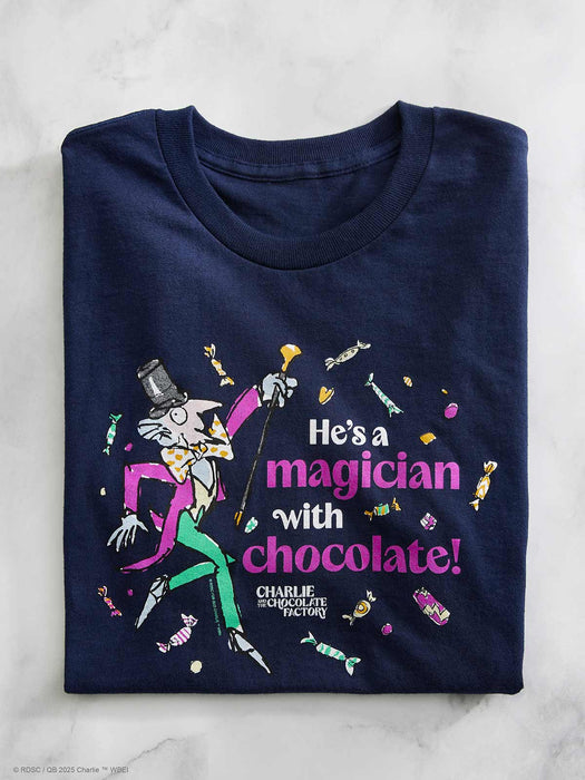 Navy blue t-shirt with a colorful graphic and text on a light gray background