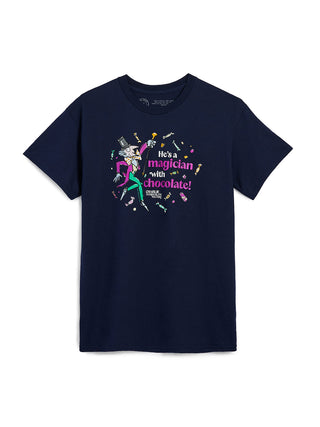 Navy blue t-shirt with colorful graphic and text on a white background