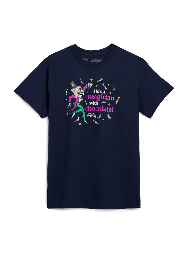 Navy blue t-shirt with colorful graphic and text on a white background
