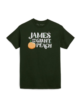 Green t-shirt with 'James and the Giant Peach' text and peach graphic on a white background