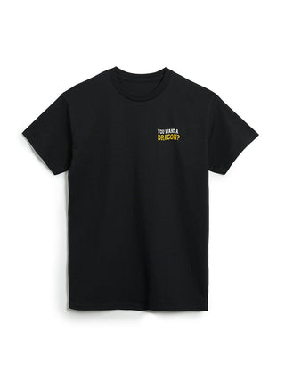 Black t-shirt with yellow text on a white background