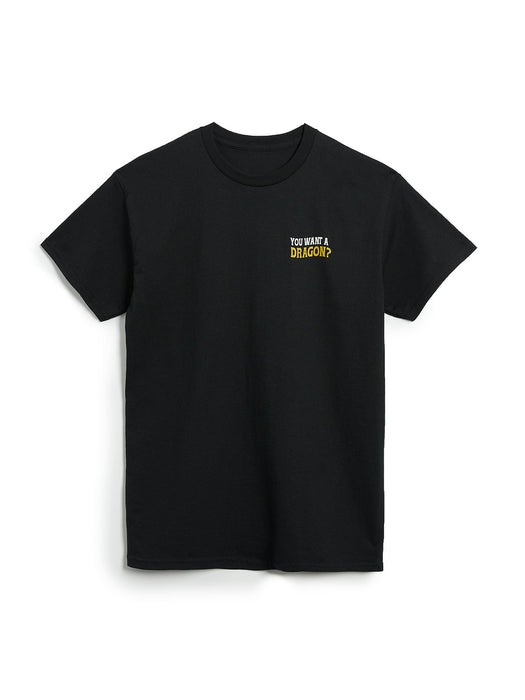 Black t-shirt with yellow text on a white background