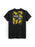 Black t-shirt with yellow graphic and text on a white background
