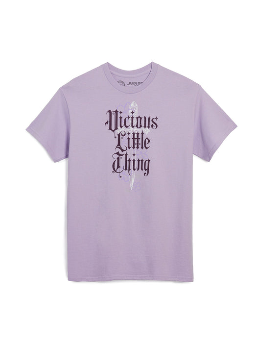 Purple t-shirt with 'Vicious Little Thing' text on a white background