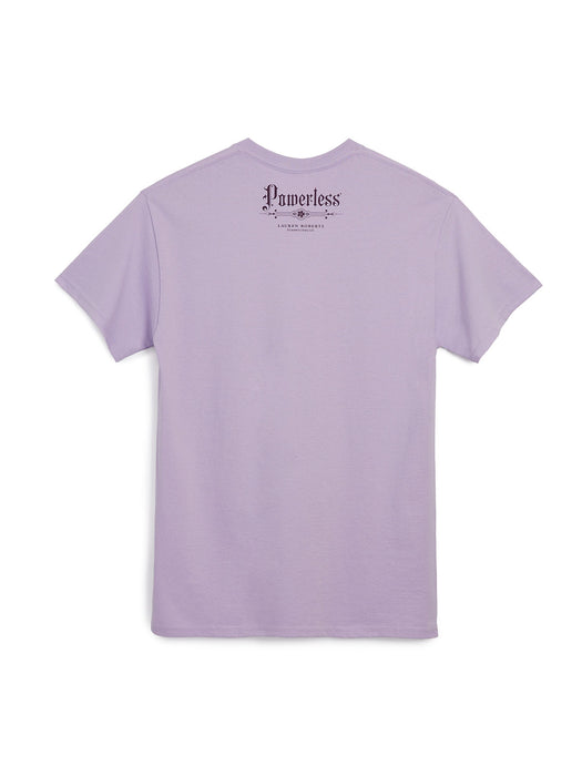 Purple t-shirt with 'Powerless' logo on the back against a white background