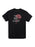 Black t-shirt with a red rose graphic and text on a white background