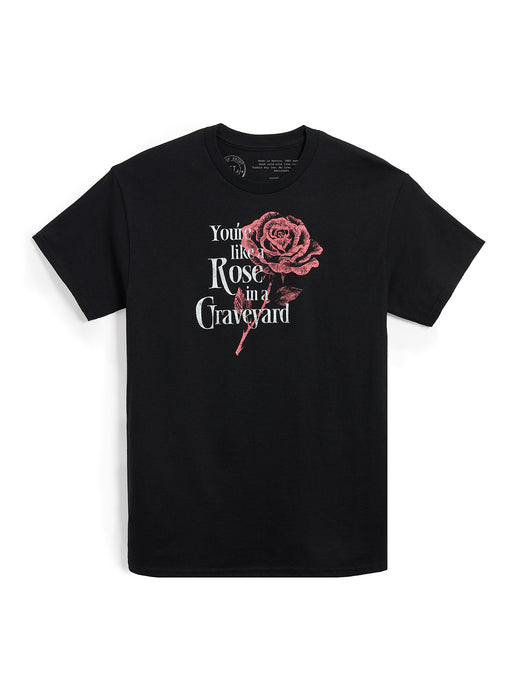 Black t-shirt with a red rose graphic and text on a white background