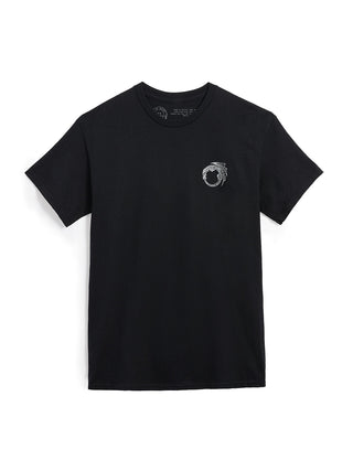 Black t-shirt with a small logo on the chest against a white background
