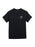 Black t-shirt with a small logo on the chest against a white background