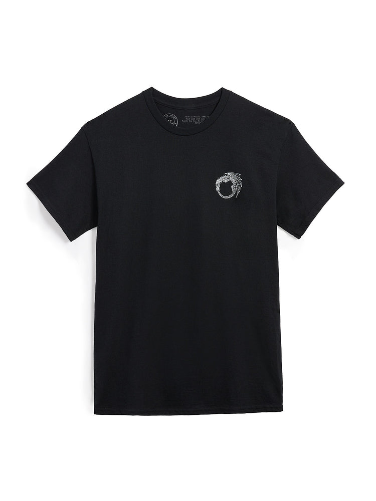 Black t-shirt with a small logo on the chest against a white background