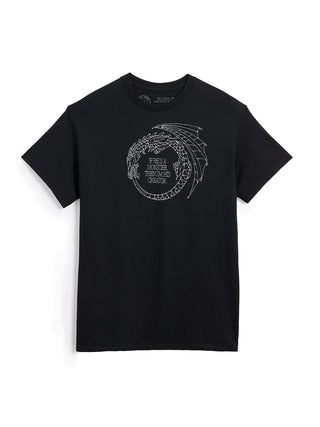 Black t-shirt with white graphic design on a white background