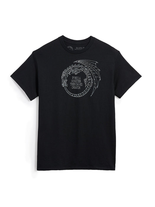 Black t-shirt with white graphic design on a white background