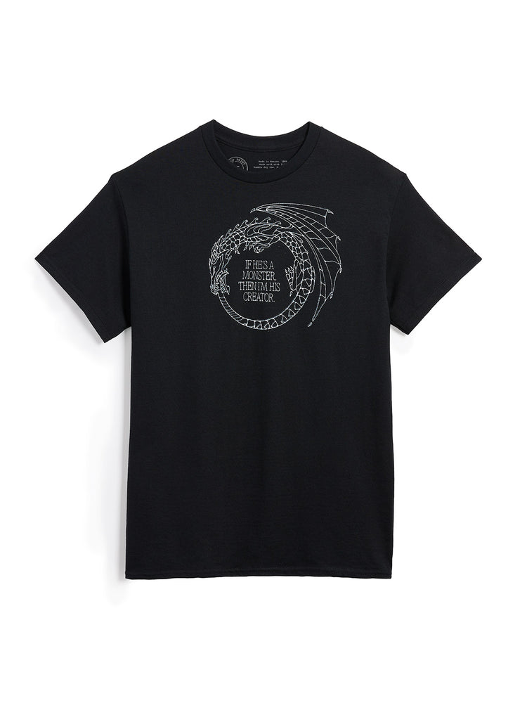 Black t-shirt with white graphic design on a white background