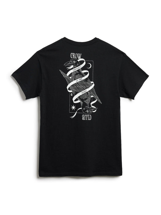 Black t-shirt with white graphic design on a white background