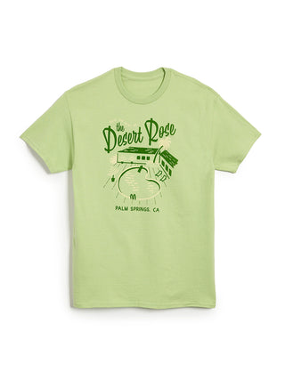 Light green t-shirt with 'The Desert Rose' graphic design on a white background