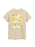 Beige t-shirt with yellow and white abstract design on a white background