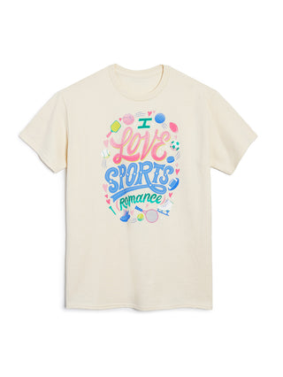 Beige t-shirt with colorful 'I Love Sports Romance' graphic on a white background