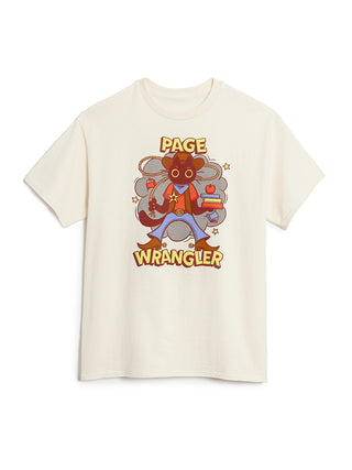 Beige t-shirt with a graphic design featuring a character and 'Page Wrangler' text on a white background