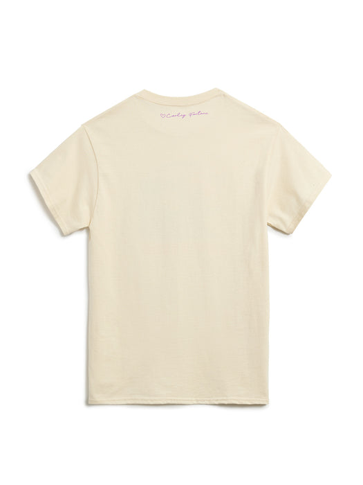 Beige t-shirt with text on the back against a white background