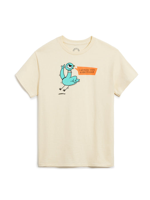 Beige t-shirt with a cartoon dinosaur graphic and text on a white background