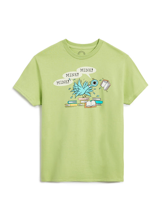 Light green t-shirt with cartoon design on a white background
