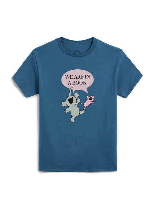 Blue t-shirt with cartoon design and text 'WE ARE IN A BOOK!' on a white background