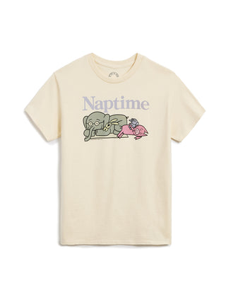 Beige t-shirt with cartoon elephants and 'Naptime' text on a white background