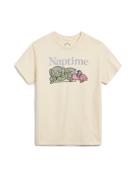 Beige t-shirt with cartoon elephants and 'Naptime' text on a white background