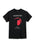 Black t-shirt with red graphic and text on a white background