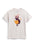 A light beige crewneck t-shirt featuring a cartoon graphic of a black cat reading an orange magic book, surrounded by pink and orange stars, displayed on a clean white background.