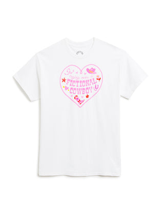 A white short-sleeve crewneck t-shirt featuring a pink heart graphic on the chest with the text 'crying over a FICTIONAL COWBOY' and small cowboy-themed illustrations.