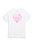 A white short-sleeve crewneck t-shirt featuring a pink heart graphic on the chest with the text 'crying over a FICTIONAL COWBOY' and small cowboy-themed illustrations.