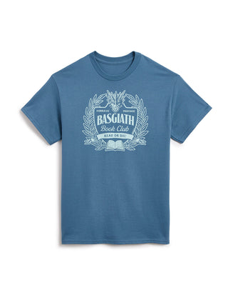 A blue short-sleeve crewneck t-shirt with a white graphic print on the front reading 'BASGIATH Book Club READ OR DIE' surrounded by a laurel wreath and dragon design, displayed on a clean white background.