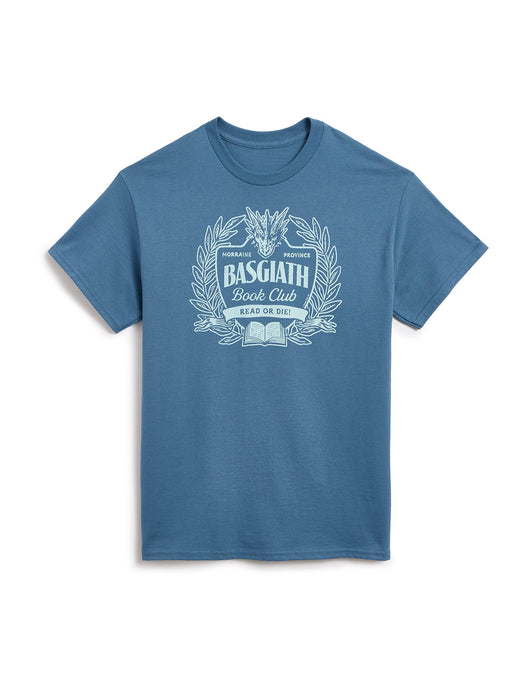 A blue short-sleeve crewneck t-shirt with a white graphic print on the front reading 'BASGIATH Book Club READ OR DIE' surrounded by a laurel wreath and dragon design, displayed on a clean white background.