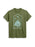 An olive green short-sleeve t-shirt with a light blue graphic print on the front depicting a castle, flying dragons, and the text 'WELCOME TO THE REVOLUTION'.