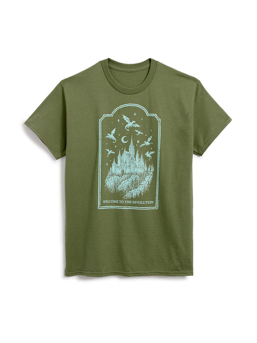 An olive green short-sleeve t-shirt with a light blue graphic print on the front depicting a castle, flying dragons, and the text 'WELCOME TO THE REVOLUTION'.