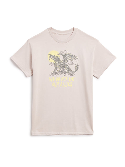 A light beige crewneck t-shirt featuring a graphic of a dragon in front of a yellow sun with the text 'WE DO NOT EAT MAN RELESS' printed below, displayed on a clean white background.