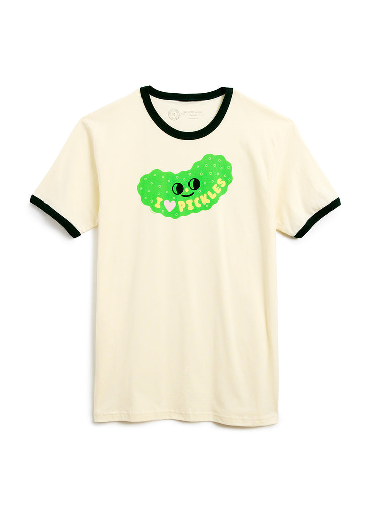 An off-white ringer t-shirt with forest green trim on the collar and sleeve cuffs, featuring a green pickle graphic on the chest with the text 'I <3 PICKLES'.