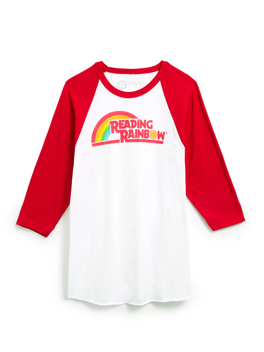 Red and white baseball shirt with 'Reading Rainbow' logo on a white background