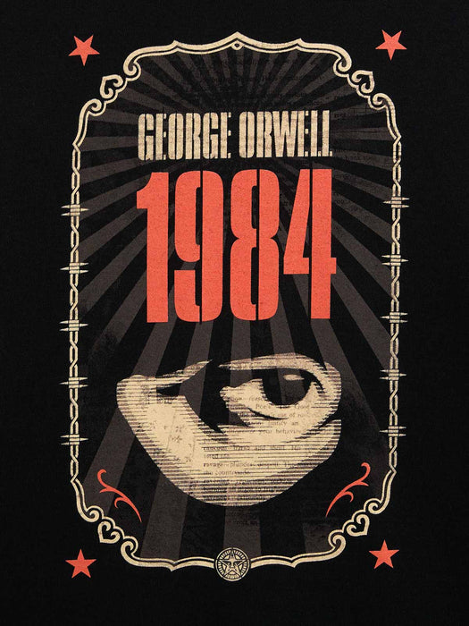 A graphic print featuring the text 'GEORGE ORWELL 1984' above a stylized illustrated eye, on a black background with red stars and decorative border elements.