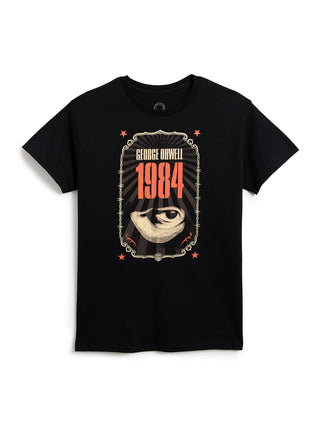 A black short-sleeve crewneck t-shirt featuring a vintage-style graphic print of an eye with the text 'GEORGE ORWELL 1984' in red and beige, set against a plain white background.