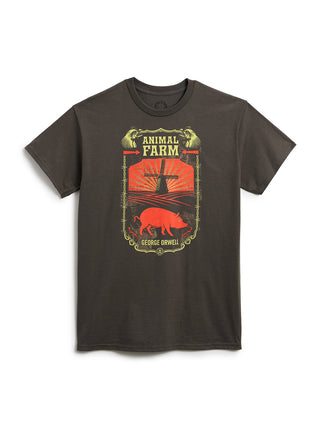 A dark gray short-sleeve t-shirt with a vintage-style graphic on the chest featuring a pig, a windmill, and the text 'Animal Farm' and 'George Orwell'.