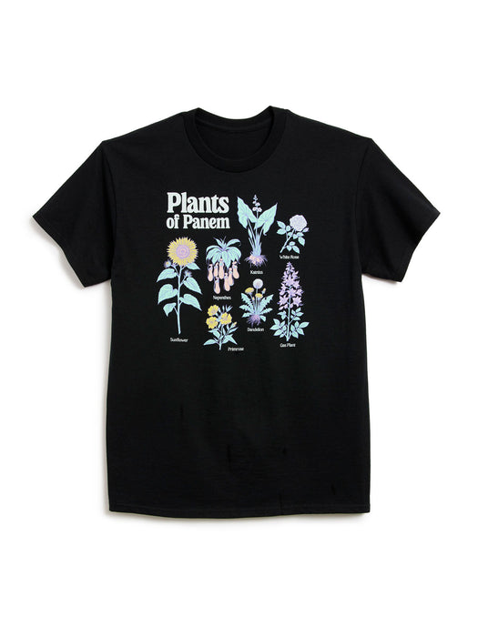 A black short-sleeve crewneck t-shirt featuring a graphic print of various illustrated plants and the text 'Plants of Panem' on the front, displayed against a plain white background.