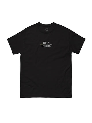 Black t-shirt with text on a white background